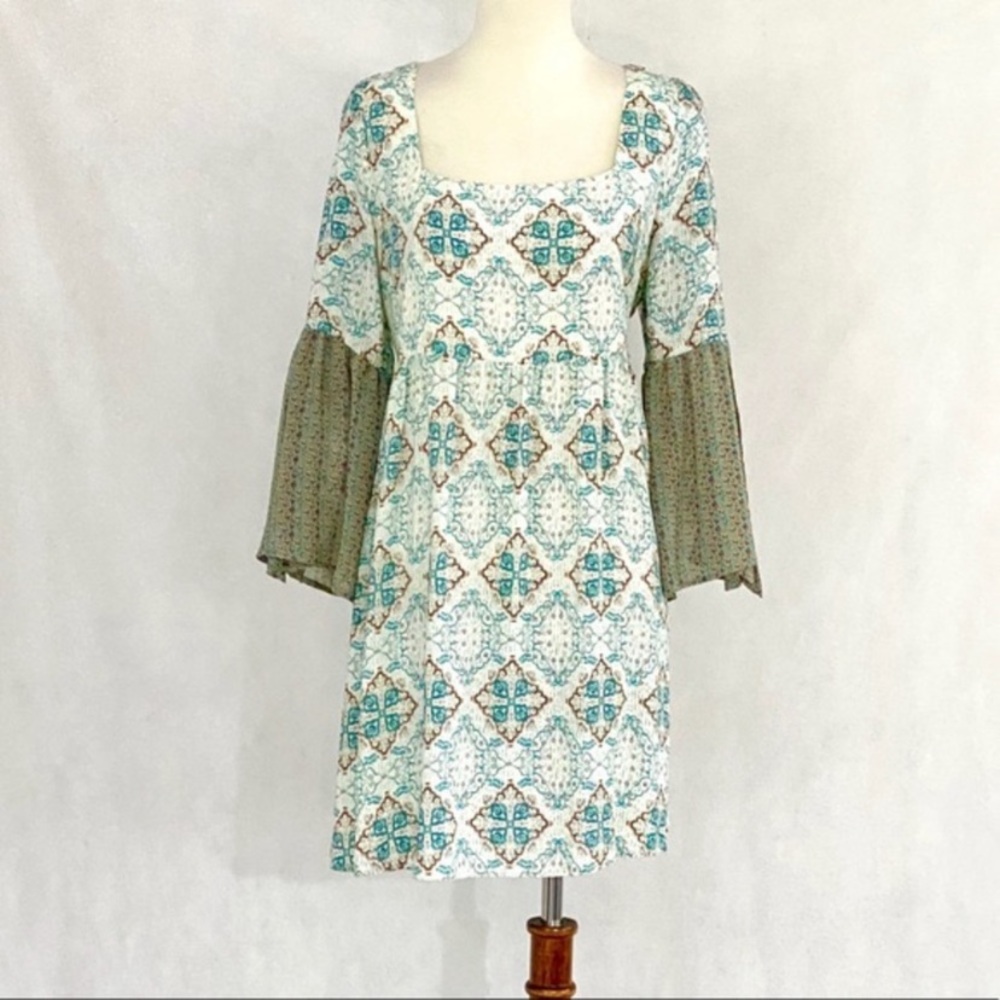Umgee Aqua Teal Patterned Mini Dress with Olive Bell Sleeves - Picture 2 of 11